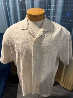 American Eagle Outfitters Cream Textured Short-Sleeve Polo